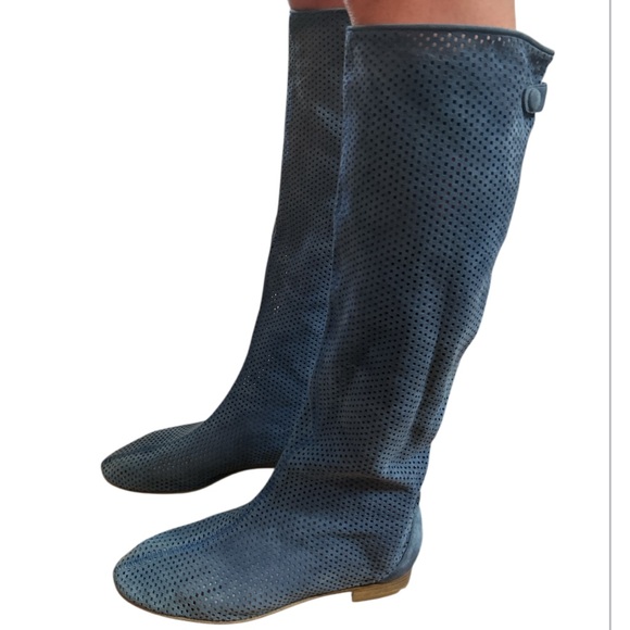 Fendi perforated Blue Suede Leather Knee Boots Size:39